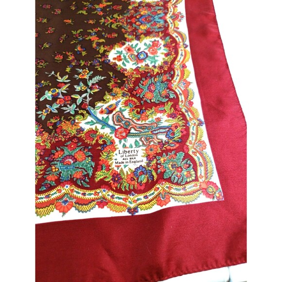 Liberty of London 100% Silk Twill Red Brown Floral Foulard Border Scarf 23"X23" - Picture 12 of 16